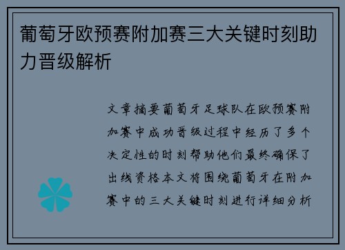 葡萄牙欧预赛附加赛三大关键时刻助力晋级解析 葡萄牙欧预赛附加赛三大关键时刻助力晋级解析
