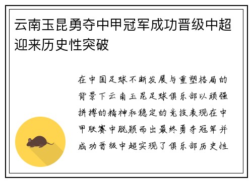 云南玉昆勇夺中甲冠军成功晋级中超迎来历史性突破 云南玉昆勇夺中甲冠军成功晋级中超迎来历史性突破